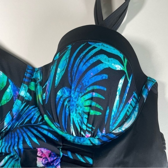 Black Tropical Leaf Print One Piece Swimsuit Tummy Control Lined sz 8 NWT - Picture 6 of 14